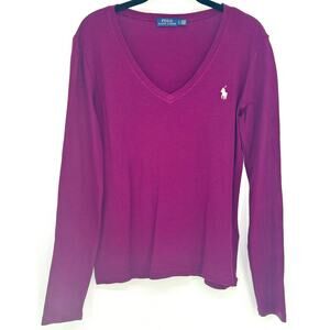 POLO Ralph Lauren Plumb Burgundy V Neck Long Sleeve Top Cotton L